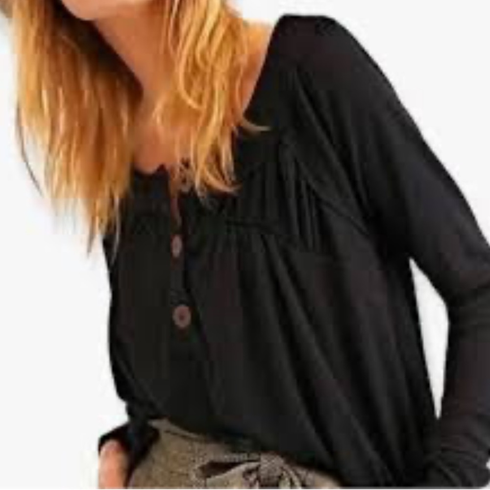 FREE PEOPLE WE THE FREE MUST HAVE LONG SLEEVE WAFFLE-KNIT HENLEY BLACK